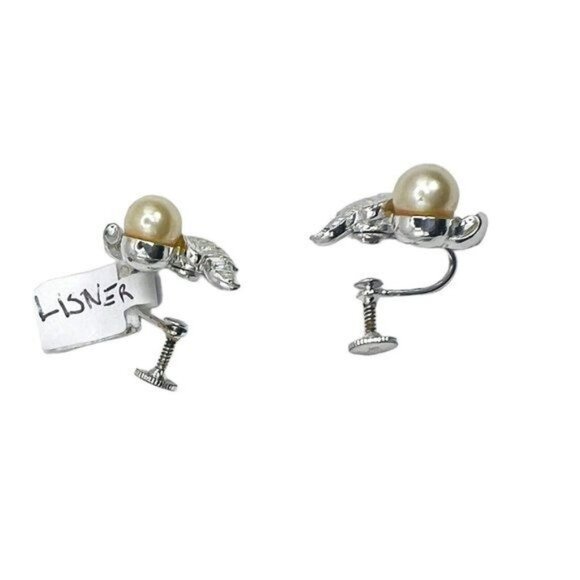 LISNER Vintage 60s Silver Leaf Faux Pearl Screw Back Earrings, Signed - Picture 11 of 11